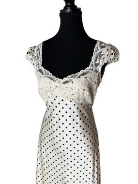 THIRTY THIRTY LA New Satin Polka Dot Lace Maxi Dress Puff Cap Sleeve Sz Medium